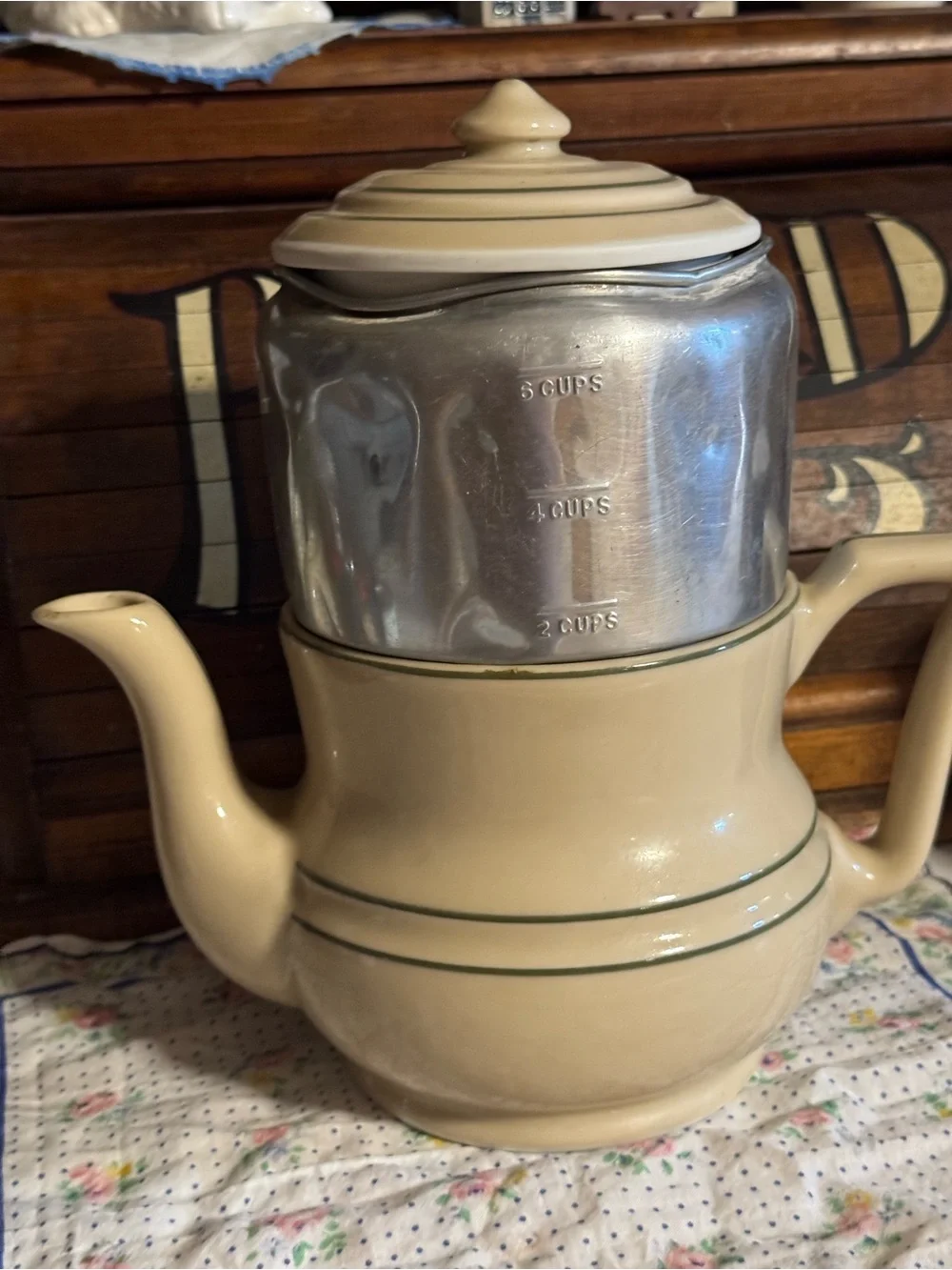 Cream Ceramic Stovetop Percolator Coffee Pot with Stainless Steel Insert
